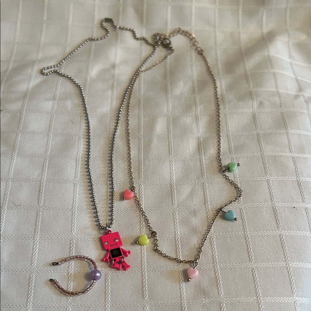 Colorful Robot and Heart Charm Necklaces